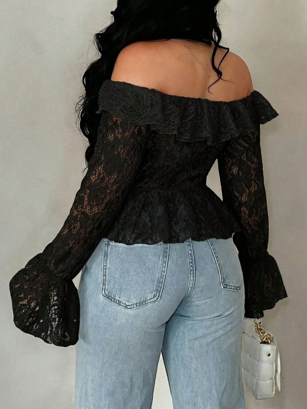 Elegant Women's Plus Size Ruffle Trim Off Shoulder Long Sleeve Sheer Lace Blouse - Picture 5 of 8